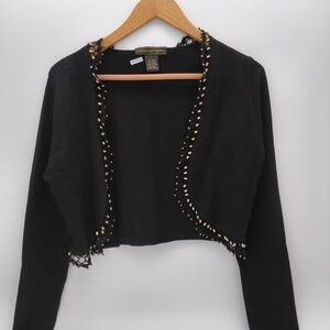 Linda Matthews Vintage Black Beaded Crop Shrug Cardigan Bolero Sweater